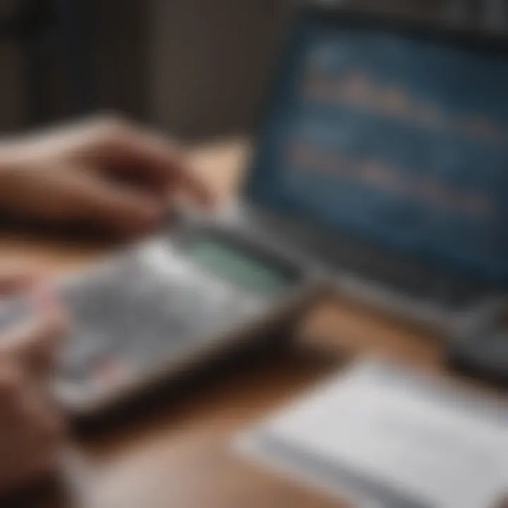 A person analyzing savings growth with a calculator and a laptop.