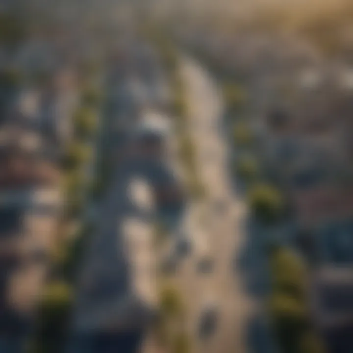 An aerial view of a suburban neighborhood highlighting property values