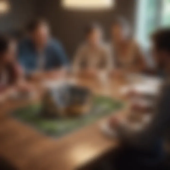 A diverse group of individuals discussing home buying options over a table.