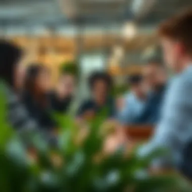 A diverse group discussing crowdfunding strategies in a modern workspace