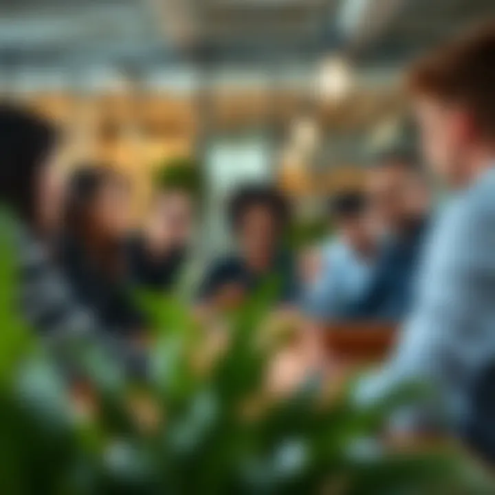 A diverse group discussing crowdfunding strategies in a modern workspace