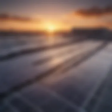 Solar panels on a rooftop with the sun setting in the background