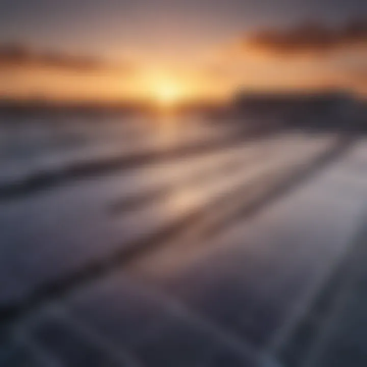 Solar panels on a rooftop with the sun setting in the background