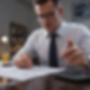 A businessman analyzing financial reports with a calculator