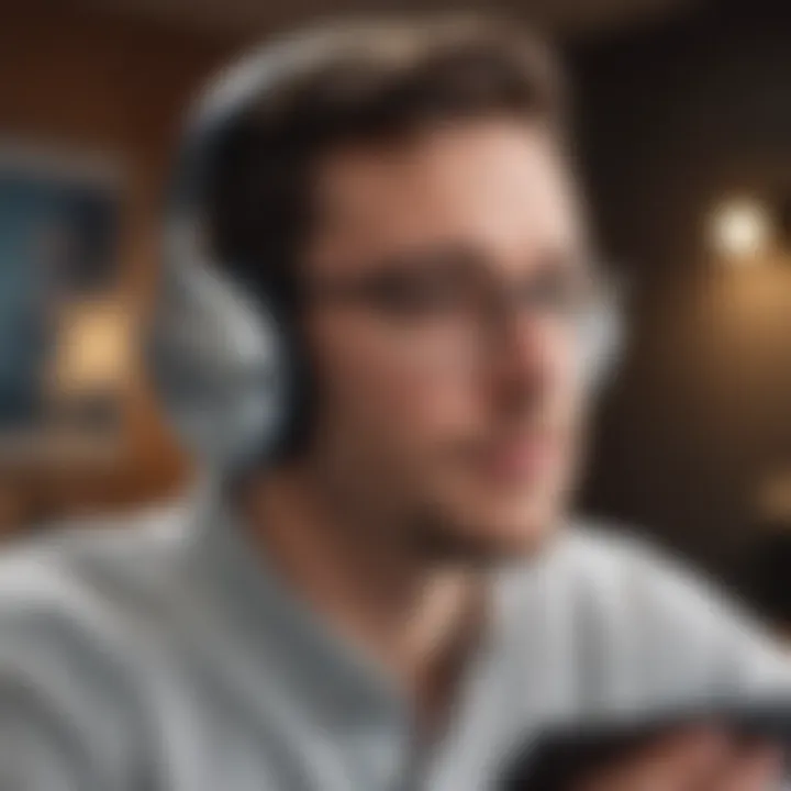 A close-up of a person listening to an audiobook with headphones, immersed in business knowledge.