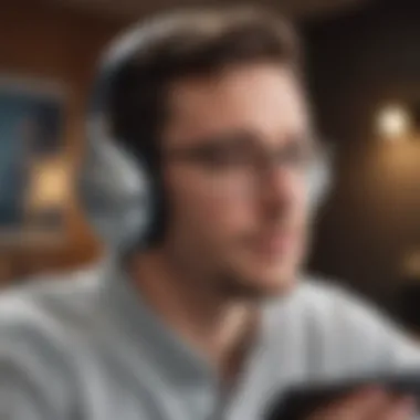 Immersed in Knowledge A close-up of a person listening to an audiobook with headphones, immersed in business knowledge.
