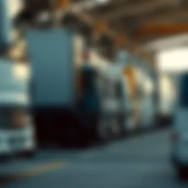 A fleet of commercial vehicles lined up for inspection