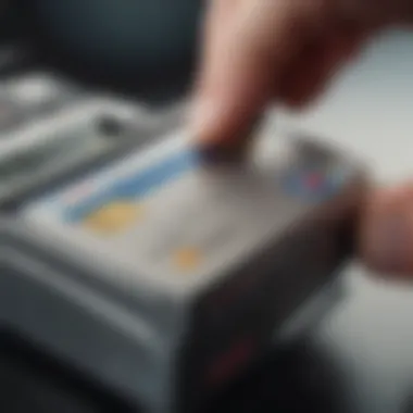 A close-up of a credit card being used at a foreign merchant terminal.