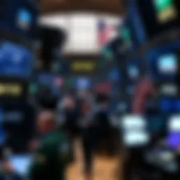 The bustling trading floor of the NYSE with traders engaged in transactions.